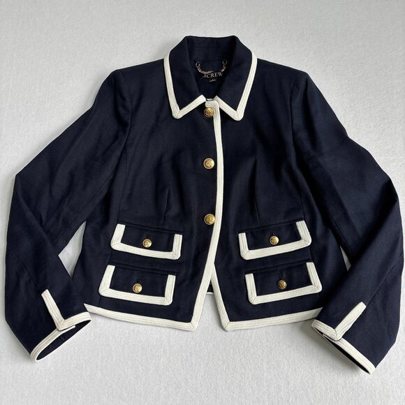 J. Crew Lucie Lady Jacket Women 4 Navy Blue Stretch Linen Blend Preppy Nautical - Picture 2 of 9